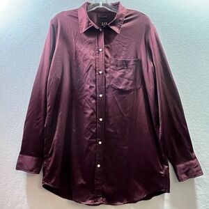 GAP Women's Sz M-Tall Huckleberry Purple Satin Boyfriend L/S Button-Up Shirt